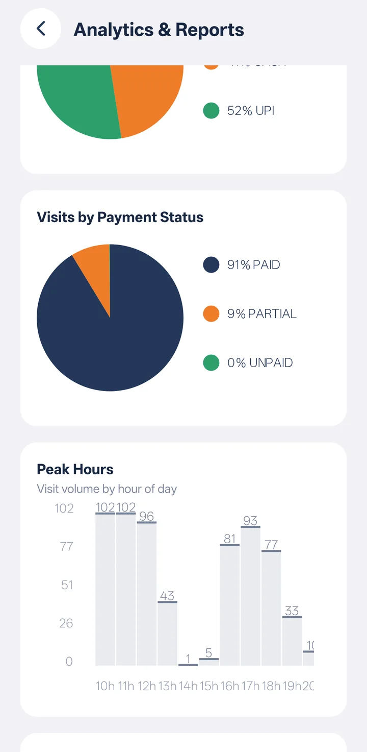 Payment status breakdown and peak hours bar chart