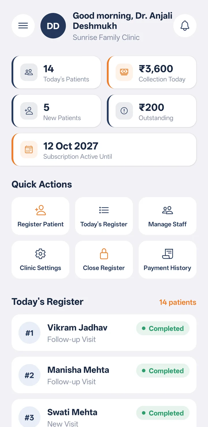 ClinicPad owner dashboard showing today's patients, collection and outstanding amount