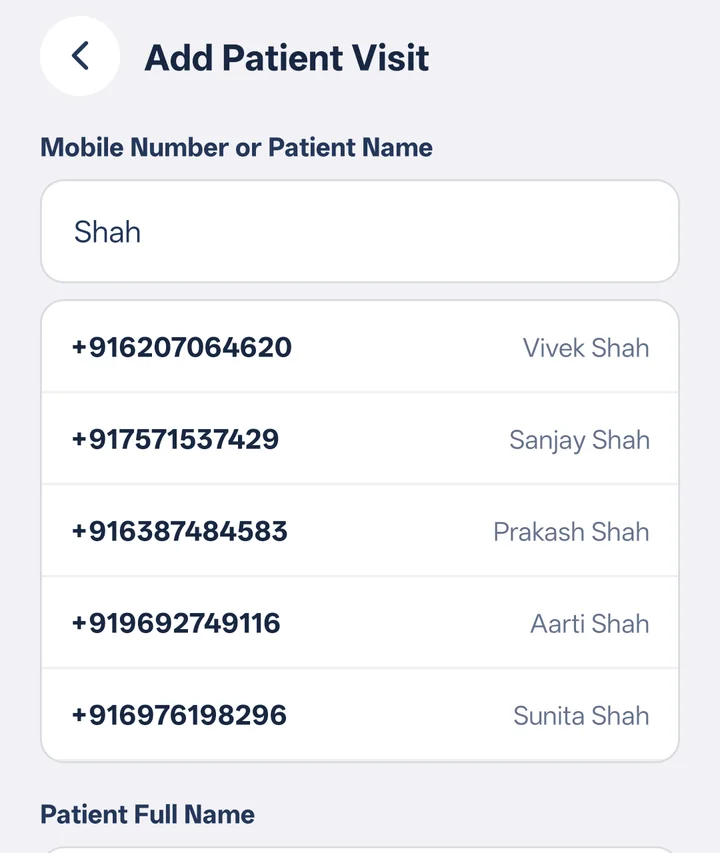 Typing a surname instantly lists matching patients with their mobile numbers