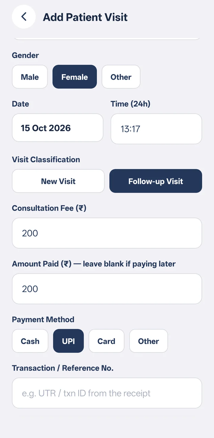 Fee entry with consultation fee, amount paid and Cash, UPI, Card payment method