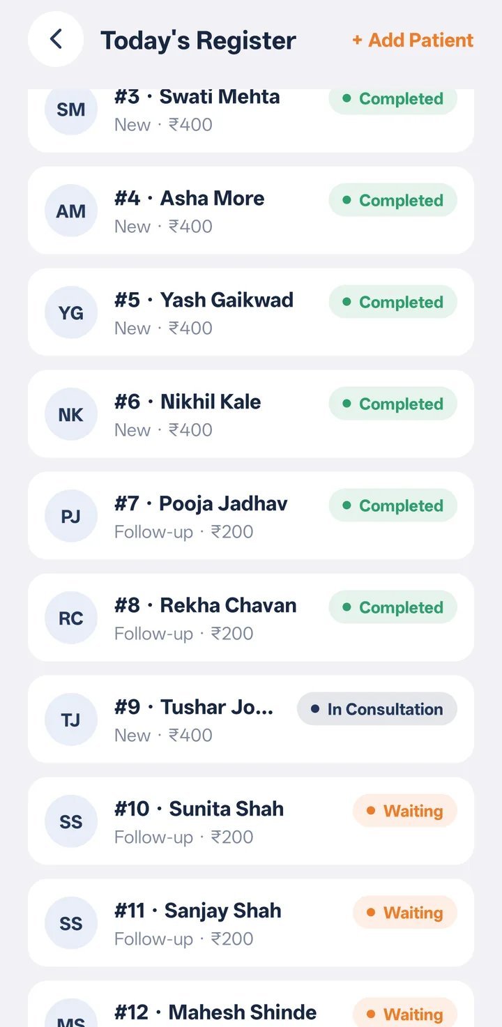 Today's register with token numbers, visit types and live status