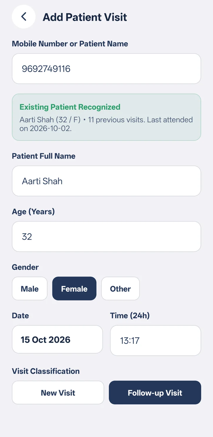 Add Patient Visit form recognising an existing patient with 11 previous visits